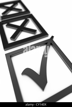 3D Render von einem ausgefüllten Voting slip mit zwei Kreuze im Hintergrund und eine Zecke im Vordergrund - Konzept Bild Stockfoto