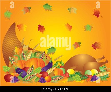 Thanksgiving Day Herbst Ernte Füllhorn mit Türkei Abendessen fest Kürbisse Obst und Gemüse illustration Stockfoto