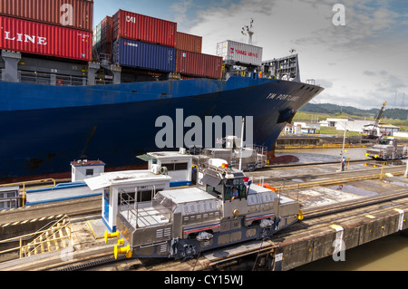 Panama Panama-Kanal Containerschiff YM Portland Transite die Pedro Miguel Schleusen des Panama-Kanals mit Hilfe der elektrischen Pantoletten Stockfoto