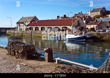 Blick über Hafen Pittenweem in Fife Schottland in Richtung Fischmarkt und Bürogebäude mit Angelboote/Fischerboote an der pier Stockfoto