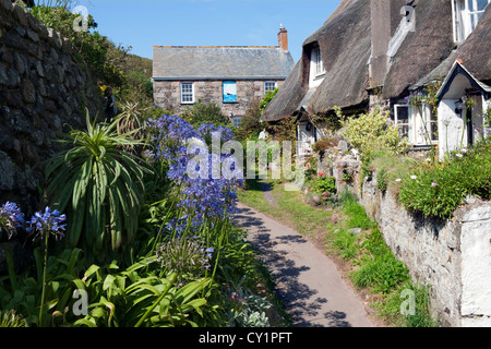 Schiff, Delfin- und Kiddleywink Häuser in der historischen Fischerdorfes Dorf von Cadgwith, Lizard Halbinsel Cornwall Stockfoto