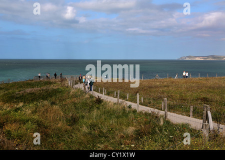 Cap Gris Nez Côte Opale Pas de Calais Frankreich Menschen zu Fuß entlang Weg zur Plattform auf der Suche heraus zu Küstenmeeres Stockfoto