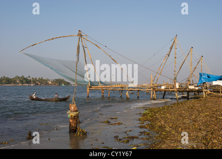 Elk201-3546 Indien, Kerala, Kochi, Chinesische Fischernetze Stockfoto