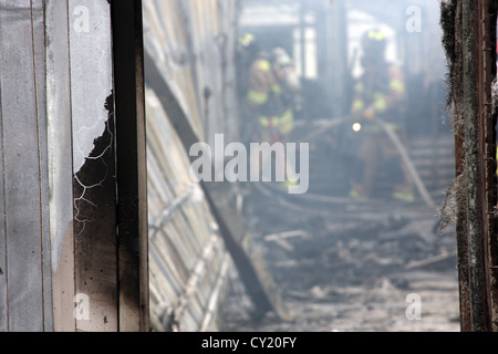 Verschwommenes Bild der Feuerwehrleute im Gebäude auf Feuer ausgebrannt Gewächshaus Stockfoto