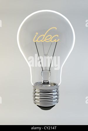3D Rendering einer Glühbirne schreiben Idee innen isoliert auf weißem Hintergrund. Stockfoto