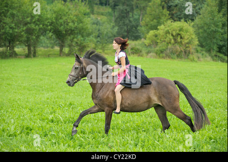 Junge Reiter tragen ein Dirndl Reiten ohne Sattel auf galoppierenden Connemara pony Stockfoto