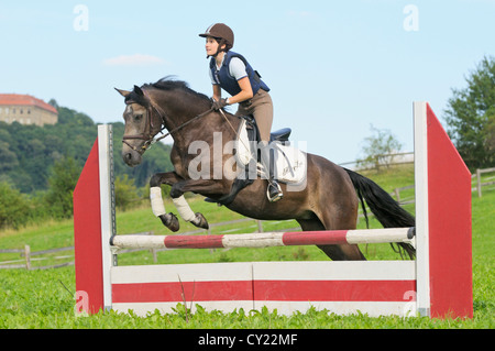 Junge Reiter (tragen einen Körperschutz) auf Rückseite Connemara Pony springen Stockfoto