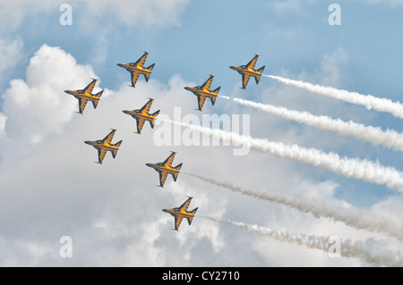 Der schwarze Adler-Display-Team aus Südkorea führen ein tolles Display Kunstflug Präzision in ihren koreanischen T50 Jets Stockfoto