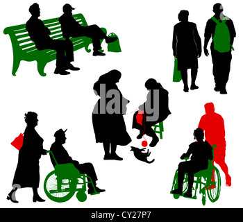 Silhouette von alten und behinderten Menschen. Stockfoto