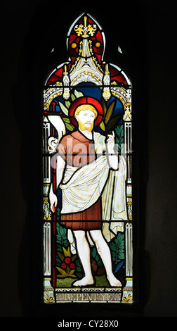 Glasmalerei-Fenster mit "Buße tun Ye' in der Kirche St. Johannes der Täufer, Thorpe Mandeville, Northamptonshire, England Stockfoto