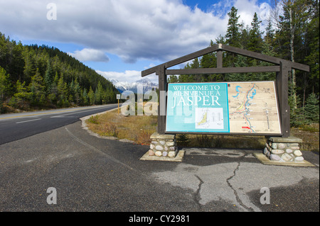 Willkommens-Schild der Stadt Jasper Alberta Kanada Stockfoto