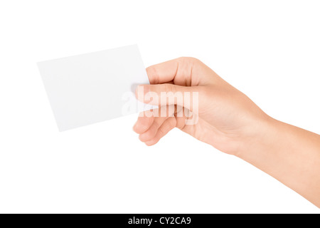 Hand halten leere Visitenkarte. Isoliert auf weiss. Stockfoto