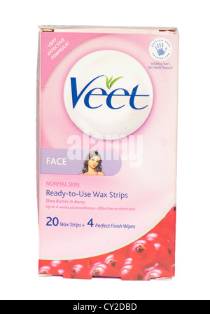 Eine Schachtel mit Veet Gesicht Haut Wachsstreifen einsatzbereit Stockfoto