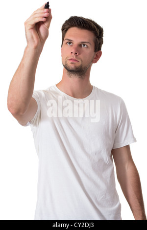 Junger Mann mit dem weißen T-shirt schreiben mit Permanentmarker Stockfoto