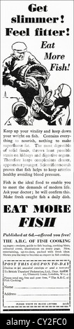 Original der 1930er Jahre Vintage Printwerbung aus englischen Verbrauchermagazin Werbung Essen mehr Fisch Stockfoto