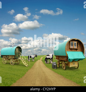 Alten Gypsy Wohnwagen, Anhänger, Wagen mit Pferden Stockfoto