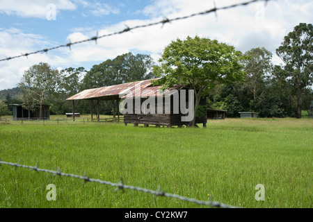 Alter Bauernhof Schuppen im Bereich durch Stränge der Stacheldrahtzaun, am Rande der kleinen australischen Stadt Kenilworth gesehen. Stockfoto