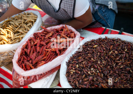 Chapulines, Heuschrecken gewaschen und geröstet und mit Chili und Limette und Whitebait für Verkauf auf Jamaika-Markt in Mexiko Stockfoto