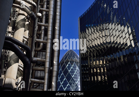 Willis, Lloyds und Swiss Re Gherkin Gebäude, Lime Street, Financial District, Square Mile, City of London, Vereinigtes Königreich Stockfoto