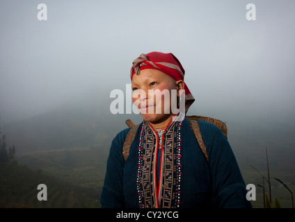 Flower Hmong Frau mit einem Korb auf dem Rücken, Sapa, Vietnam Stockfoto