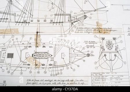 Alten Bauplan eines Modells der Galeone Stockfoto