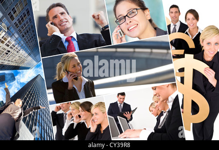 Gruppe von Männern & Frauen, Unternehmer und Unternehmerinnen Geschäftsteam auf Mobile oder Handys und halten Geld unterzeichnet Stockfoto