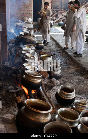 Eine Waza oder Kochen in der kaschmirischen Tradition kocht und bereitet Essen für ein traditionelles Wazwan fest. Srinagar, Kaschmir, Indien Stockfoto