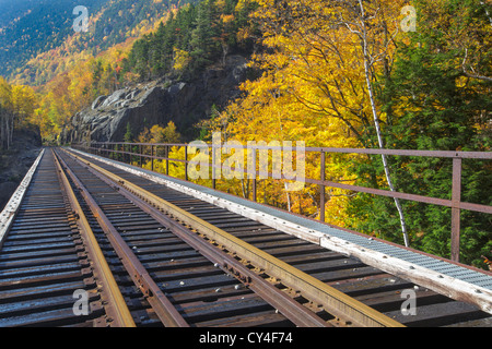 Crawford Notch State Park - Willey Brook Trestle entlang der alten Maine Central Railroad in den White Mountains, New Hampshire USA während der Herbstmonate. Diese Eisenbahn ist nun von der Conway Scenic Railroad verwendet. Stockfoto