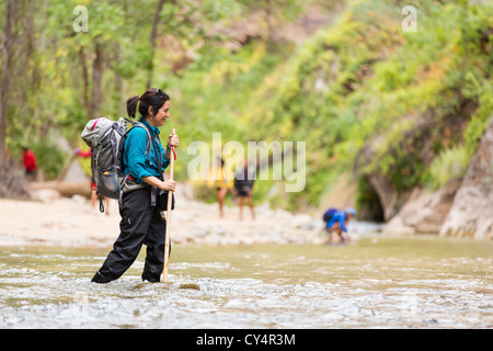 Frau eine Jungfrau Fluss bei The Narrows im Zion Nationalpark, Utah Stockfoto