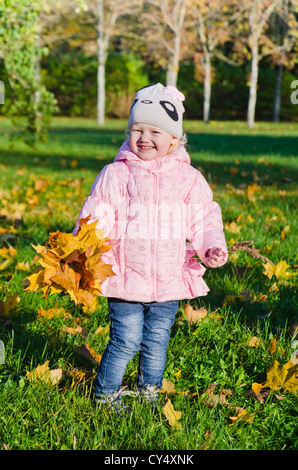 Das kleine Mädchen sammelt gefallenen Blätter im Herbst park Stockfoto