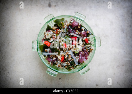 Overhead Schuss von einem Algen-Salat und Bohnen in einer grünen Schale geschossen auf grauem Stein Hintergrund sprießen Stockfoto