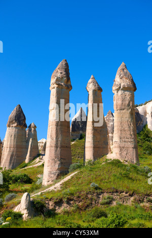 Die Feen Schornstein Felsen Säulen Formationen von Love Valley, in der Nähe von goreme, Kappadokien Stockfoto
