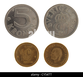 Schwedische Kronen Münzen Darstellung Carl XVI. Gustaf von Schweden. Vorder- und Rückseite isoliert auf weiss. Stockfoto