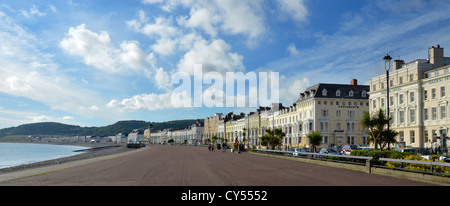 Llandudno Wales die breite Sweep von Llandudno Promenade und Meer Hotels am frühen Morgen im Sommer Stockfoto