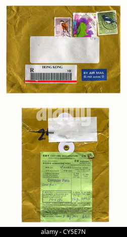 HONG KONG - ca. 2012: Mailing-Umschlag mit Briefmarken, die Vögel und die Rückseite ca. 2012 gewidmet. Stockfoto