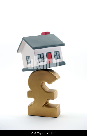 HAUS BALANCIEREN AUF BRITISCHE PFUND-ZEICHEN WIEDER INTERESSE PREISE HYPOTHEKEN EINKOMMEN LÖHNE HAUSHALT KOSTEN RECHNUNGEN GELD CASH HÄUSER KÄUFER UK Stockfoto