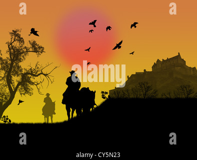 Zwei Cowboys Silhouette gegen einen Sonnenuntergang Hintergrund illustration Stockfoto