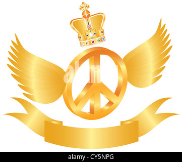 Flying Gold Friedenssymbol mit Kronjuwelen Flügeln und Banner-Illustration Stockfoto