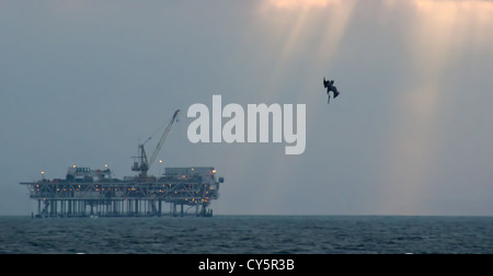 Braune Pelikan Tauchen im Meer in der Nähe von Öl-Plattform befindet sich off Shore von Huntington Beach, Kalifornien Stockfoto