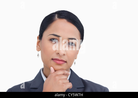 Nahaufnahme der Verkäuferin in Denker pose Stockfoto