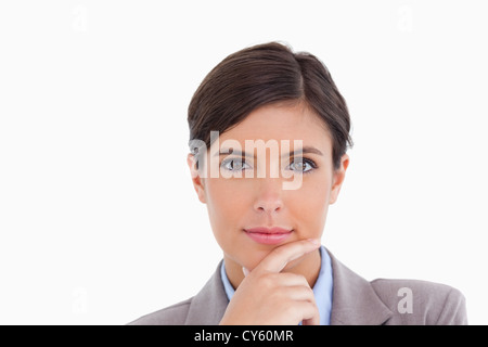 Nahaufnahme von Unternehmerin in Denker pose Stockfoto