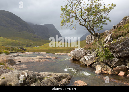 Bereich der Glen Coe, Schottland. Malerische Aussicht auf einen Strom durch das Tal von Glencoe fließt. Stockfoto