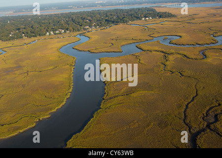 Luftbild vom Sumpf entlang den Ashley River Charleston, South Carolina. Stockfoto