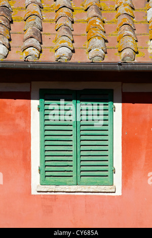 Verwitterte grüne Holz Fensterläden gegen eine rot verputzte Wand mit einer Ton-Ziegel-Dach. Stockfoto