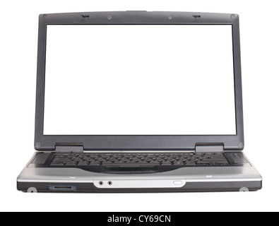 Laptop mit leeren weißen Bildschirm. Ansicht von vorne. Isoliert auf weißem Hintergrund Stockfoto