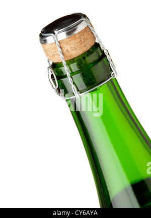 Flasche Champagner Hals. Nahaufnahme, isoliert auf weiss Stockfoto