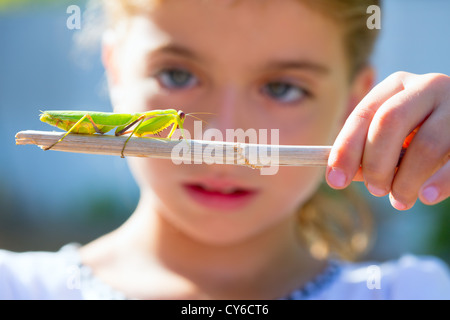 wissenschaftliche Naturforscher Biologe Kind Mädchen auf der Suche Gottesanbeterin Insekt closeup Stockfoto