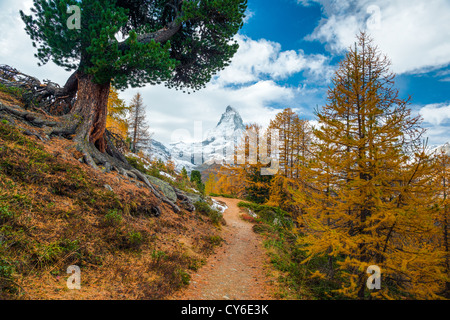 Matterhorn mit Wanderweg von Riffelberg, Zermatt, Schweiz Stockfoto