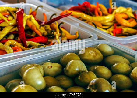 Gurken im Haus vorbereitet, Pfeffer und eingelegte grüne Tomaten in großen Mengen zum Verkauf ausgesetzt Stockfoto