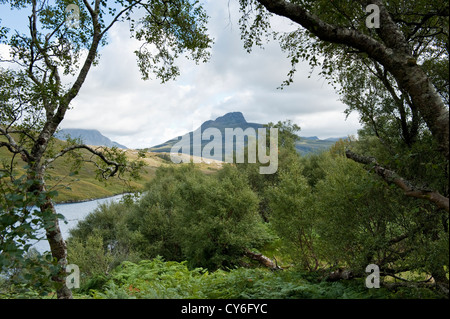 Berg der Stac Pollaidh gesehen durch ein Fenster in den Bäumen Stockfoto